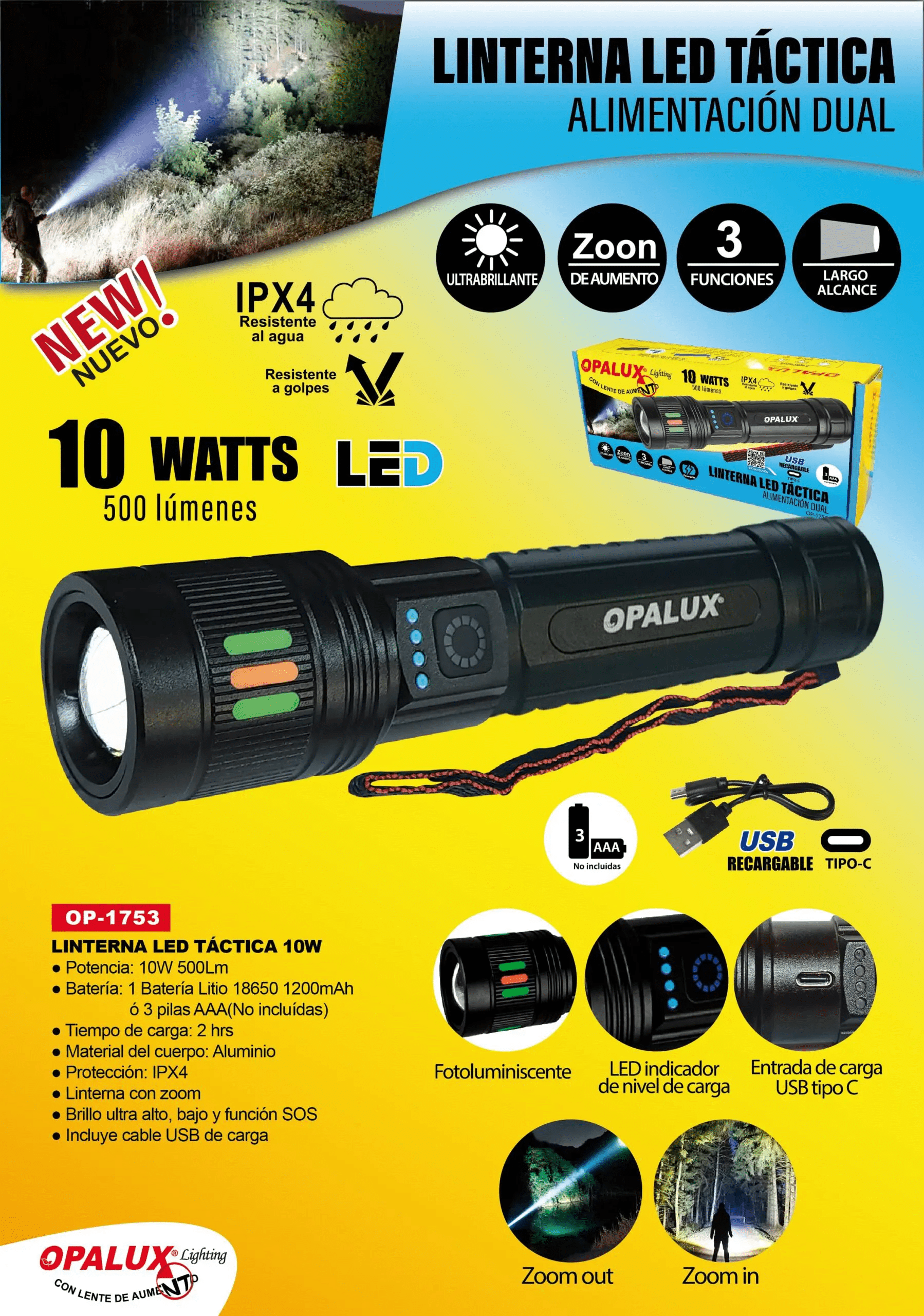 Linterna Led Táctica Recargable 10W Opalux OP-1753 - Imagen 2