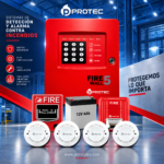 KIT CONTRA INCENDIO PROTEC FIREWELL 5 PANEL 5 ZONAS CON 4 DETECTORES DE HUMO, ESTACIÓN MANUAL Y SIRENA ESTROBOSCÓ PICA