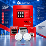 KIT CONTRA INCENDIO PROTEC FIREWELL 5 PANEL 5 ZONAS CON 2 DETECTORES DE HUMO, ESTACIÓN MANUAL Y SIRENA ESTROBOSCÓ PICA