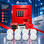 KIT CONTRA INCENDIO PROTEC FIREWELL 5 PANEL 5 ZONAS CON 8 DETECTORES DE HUMO, ESTACIÓN MANUAL Y SIRENA ESTROBOSCÓ PICA