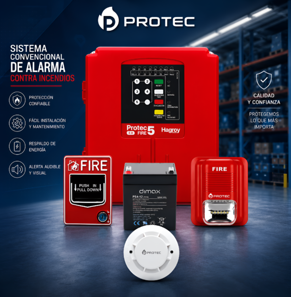 KIT CONTRA INCENDIO PANEL HAGROY PROTEC FIRE 5 2.0 DE 5 ZONAS CON 1 DETECTOR DE HUMO, ESTACIÓN MANUAL Y SIRENA ESTROBOSCÓPICA