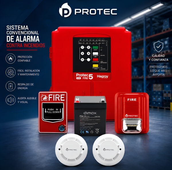 KIT CONTRA INCENDIO PANEL HAGROY PROTEC FIRE 5 2.0 DE 5 ZONAS CON 2 DETECTORES DE HUMO, ESTACIÓN MANUAL Y SIRENA ESTROBOSCÓPICA