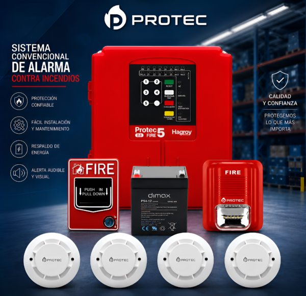 KIT CONTRA INCENDIO PANEL HAGROY PROTEC FIRE 5 2.0 DE 5 ZONAS CON 4 DETECTORES DE HUMO, ESTACIÓN MANUAL Y SIRENA ESTROBOSCÓPICA