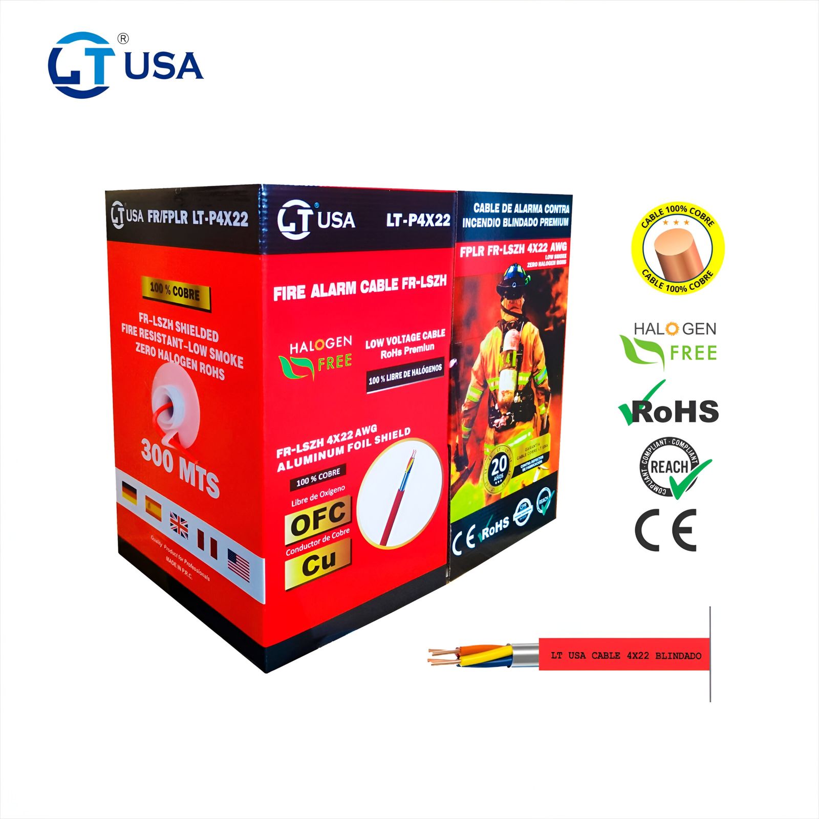 LT-P4X22 (1) CABLE DE ALARMA DE INCENDIO APANTALLADO FPLR 4X22 AWG DE COBRE, CHAQUETA FR-LSZH, 300MTR. LT USA | LT-P4X22 - Imagen 1
