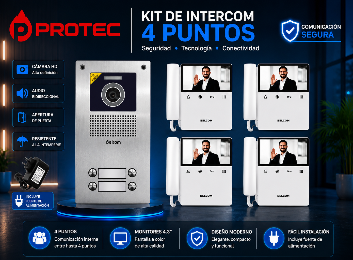 imagen_2026-07-20_172435086 KIT VIDEO PORTERO BELCOM 4 PUNTOS CON 4 MONITORES A COLOR 4.3" | PE-7104 / PE-7643 - Imagen 1