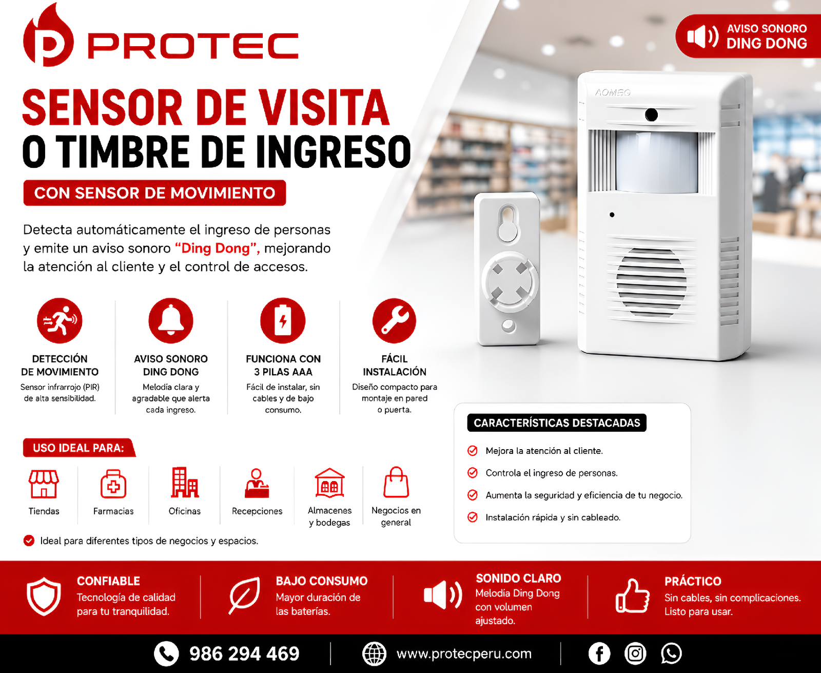 timbre SENSOR DE VISITA CON DETECTOR DE MOVIMIENTO Y TIMBRE DE INGRESO - Imagen 1