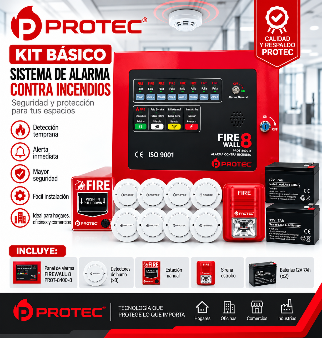 ChatGPT Image 16 sept 2026, 04_25_12 p.m. KIT CONTRA INCENDIO PANEL PROTEC FIREWALL 8 CON 8 DETECTORES DE HUMO, ESTACIÓN MANUAL Y SIRENA ESTROBOSCÓPICA - Imagen 1