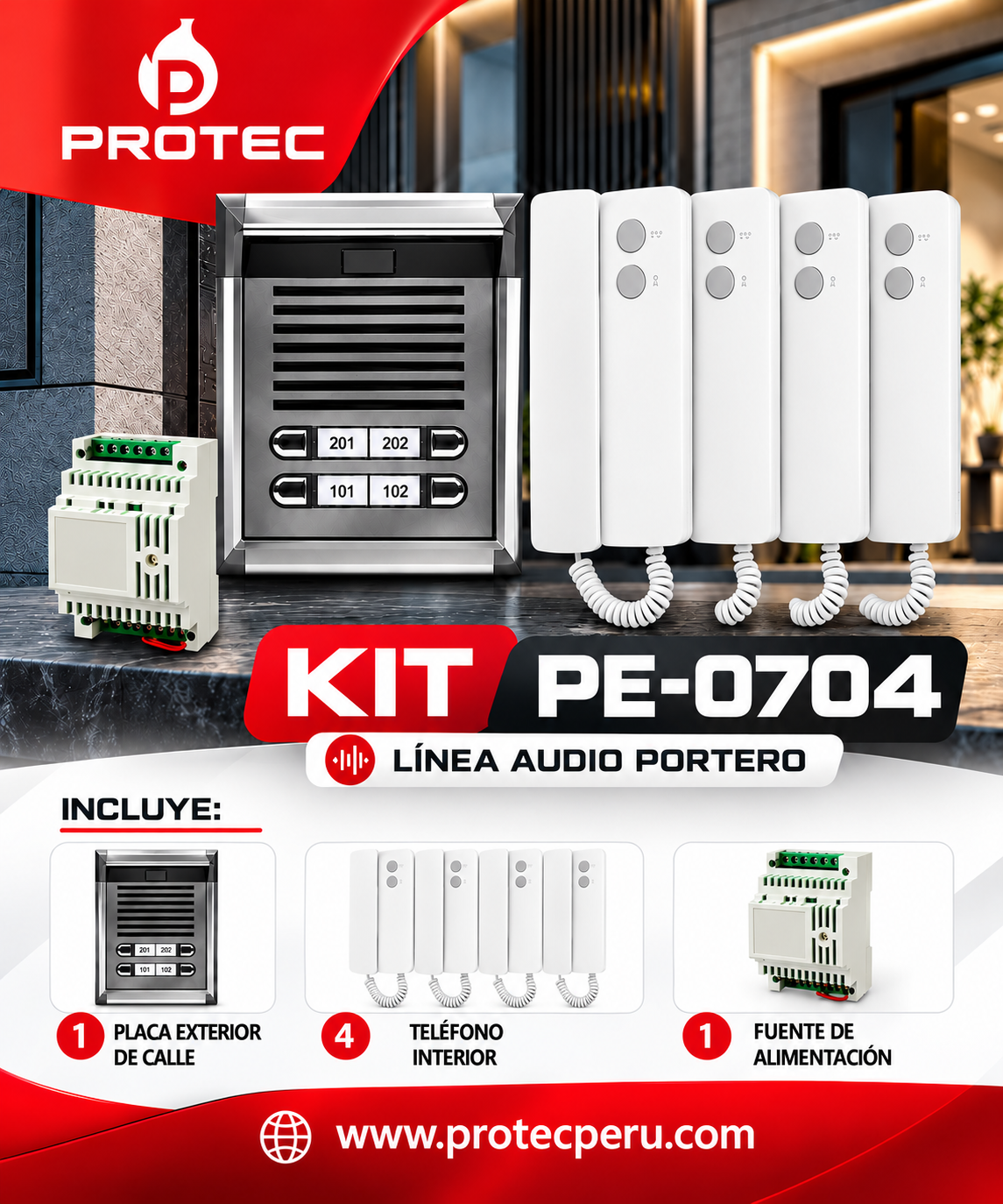 Kit de Intercomunicador PROTEC PE-0704 (1) KIT INTERCOMUNICADOR DE 04 PUNTOS BELCOM | PE-0704 / PE-0730 - Imagen 1