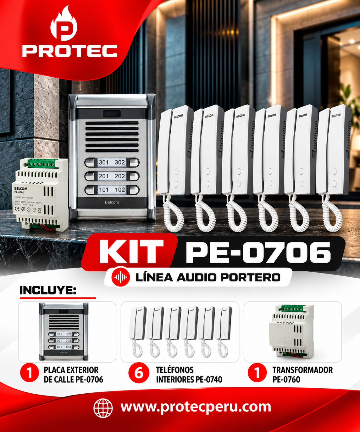 Kit de Intercomunicador PROTEC PE-0706 (1) KIT INTERCOMUNICADOR DE 06 PUNTOS BELCOM | PE-0706 / PE-0740 - Imagen 1