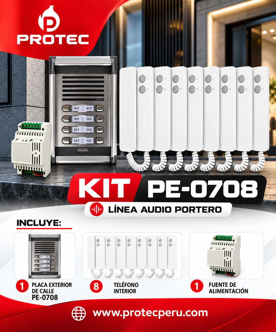 Kit de Intercomunicador PROTEC PE-0708 KIT INTERCOMUNICADOR DE 08 PUNTOS BELCOM | PE-0708 / PE-0730 - Imagen 1