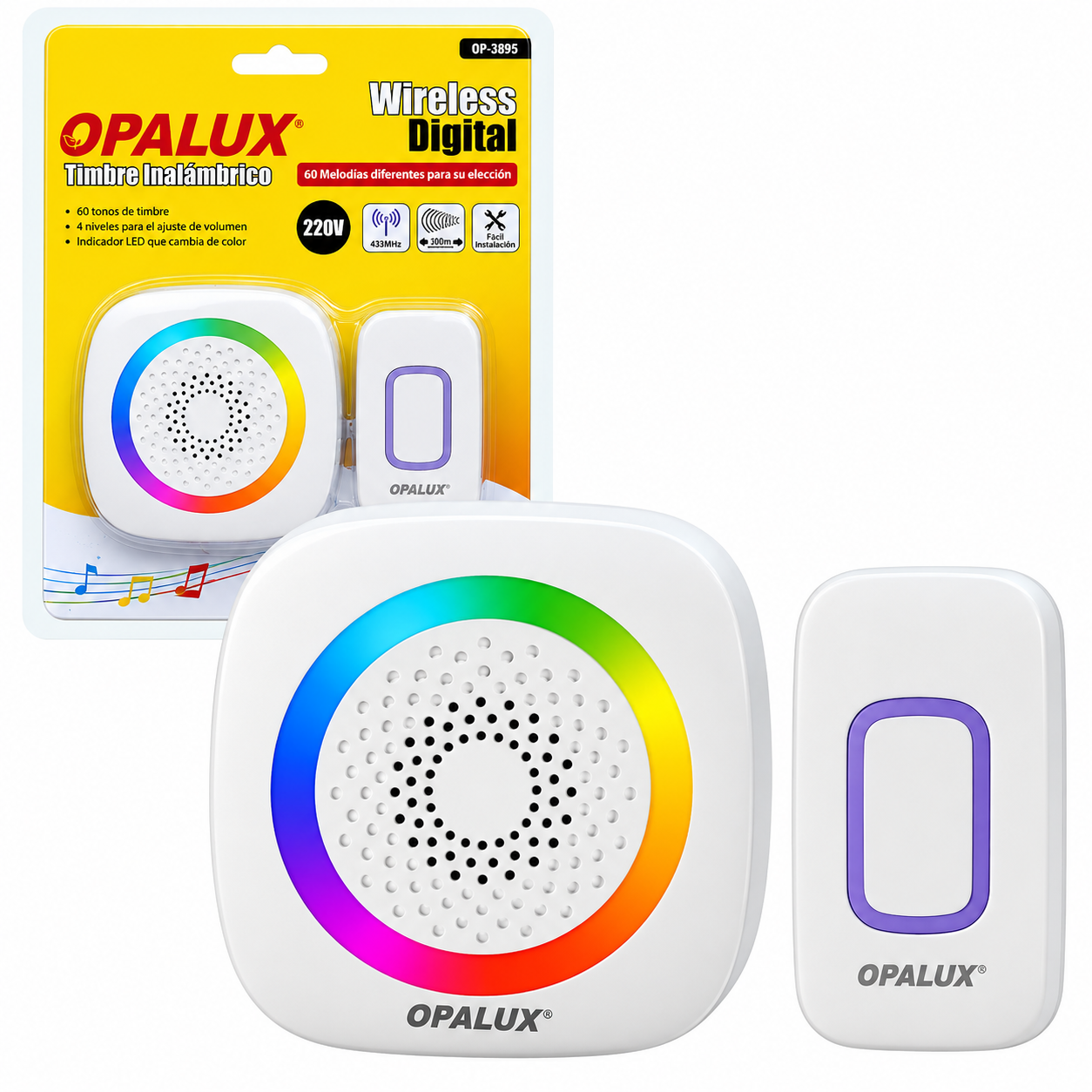 Timbre inalámbrico OPALUX multicolor TIMBRE INALAMBRICO RGB 300M 60 MELODIAS OPALUX | OP-3895 - Imagen 1